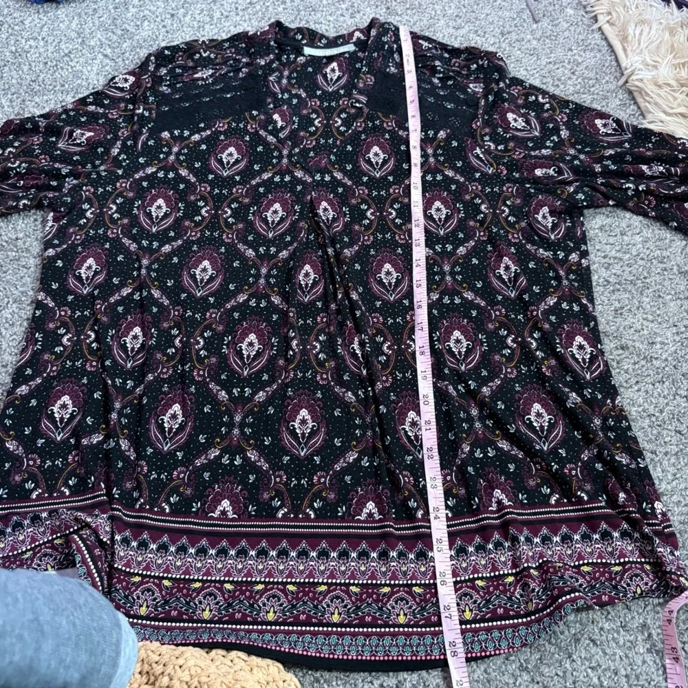 Daniel Rainn Blouse Women XL Black Burgundy Paisley Lace Trim Boho Top